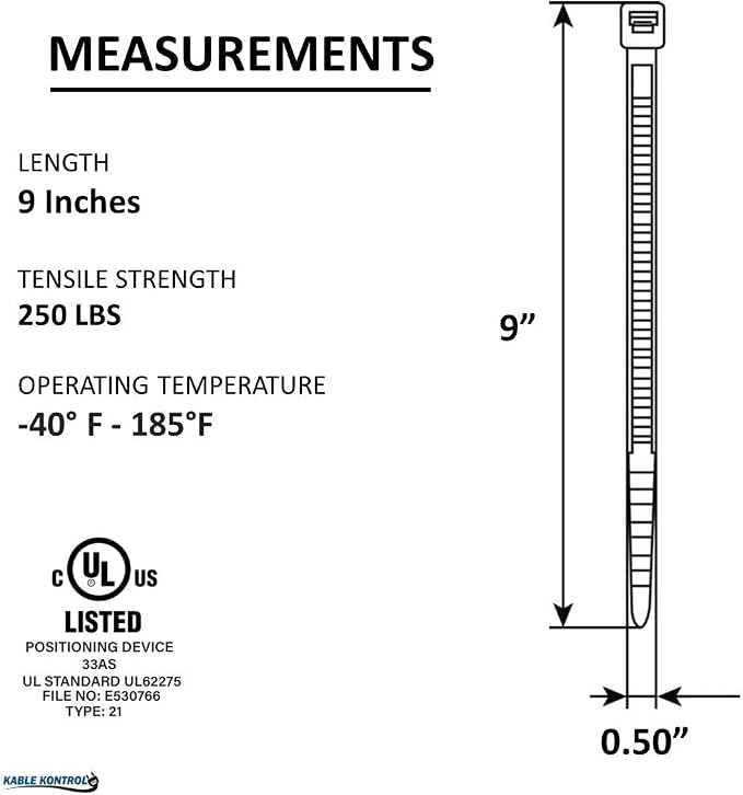 Kable Kontrol Cable Zip Ties Black 2, 250 Lbs Tensile Strength, Bulk Pack - Image 2