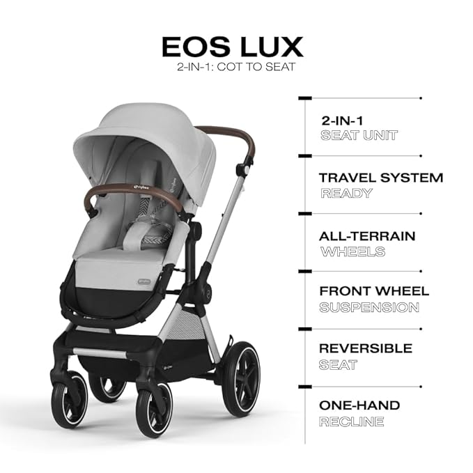 Cybex EOS 2-in-1 Stroller - Bassinet Stroller Converts to Toddler Stroller with One-Hand Recline - Bassinet and Toddler Seat Included, Reversible & Travel System Ready, Lava Grey
