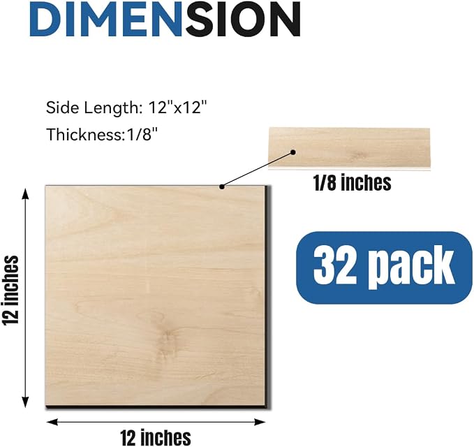 32Pack Basswood Sheets for Craft, 12×12×1/8 Inches Thick Plywood Sheet - Image 2