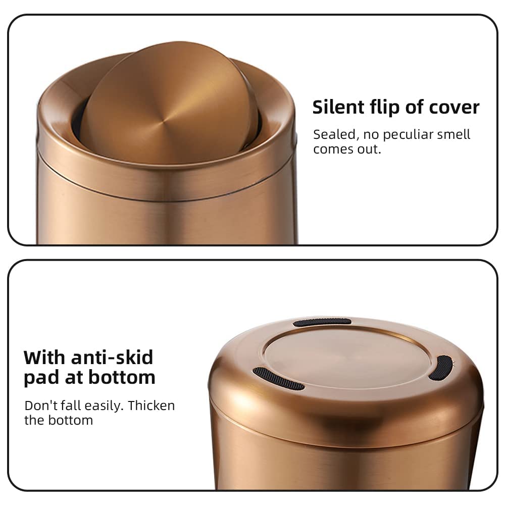 10 L/2.6Gallen,Swing Lid Gold Brass Trash Can,Brushed Nickel Garbage Can Bathroom with Flipping Lid,for Bathroom, Living Room,Bedroom,Hotel (Rose Gold)