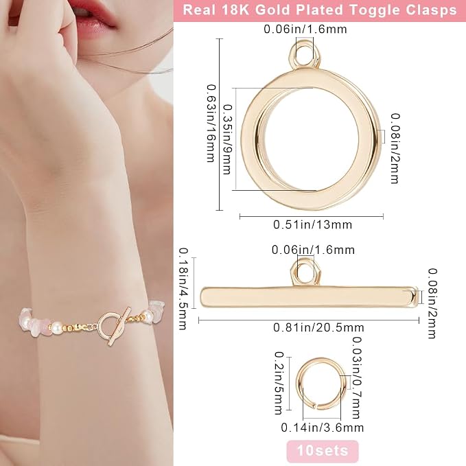 Beebeecraft 1 Box 10Pcs Toggle Clasp 18K Gold Plated Smooth Ring T-bar Closure - Image 2