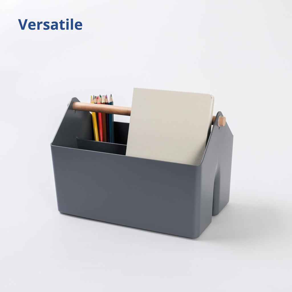 BLUE GINKGO Medium Storage Basket – Plastic Caddy with Wooden Handle for Office, Arts & Crafts, or Home Supplies (Gray)