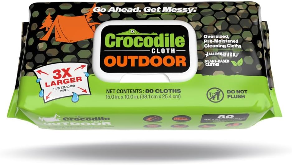 Crocodile Cloth Outdoor Cleaning Wipes – 8 Packs/640 Total Count Plant-Based Cloths (15"x10"), Skin Safe, Pre-Moistened, Aloe & Vitamin E Infused, Large, Absorbent, Multi-Surface Disposable Wipes