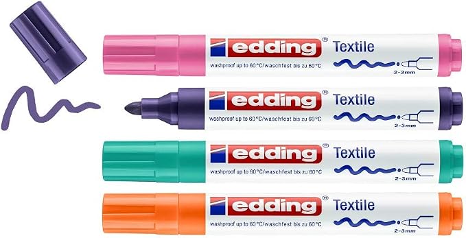 edding 4500 Textile Markers – Pack of 4 – Fun Colours – Round Tip 2-3 mm – by edding