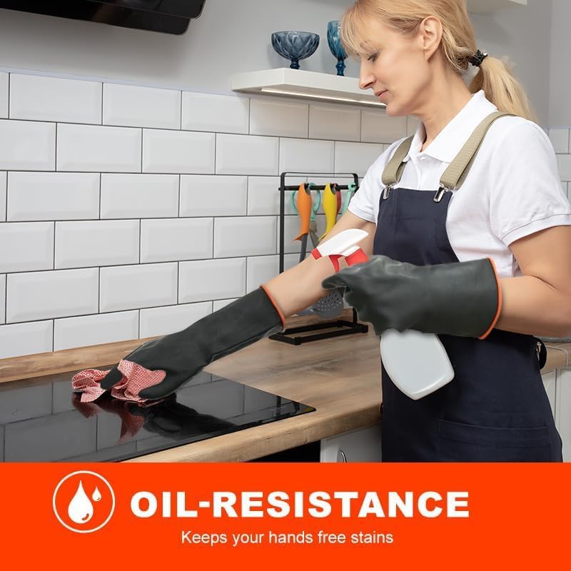 Heavy-Duty Latex Chemical Resistant Gloves - Reusable Long Rubber Dishwashing Gloves with Forearm Protection for Men - Waterproof, Industrial Safety Gear, Acid & Alkali Resistant, Oil-Proof,14“，2 Pair