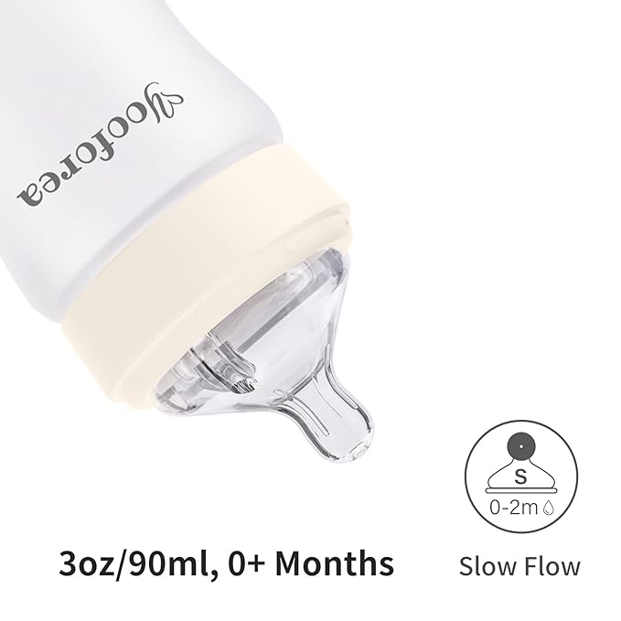 Yooforea Silicone Coated Glass Baby Bottle, 0M+ Slow Flow Nipple I Anti-Colic, Wide Neck, Stable Base I Medical-Grade Silicone Coating for Shatter Protection, BPA BPS PVC Free (2 Pack, 3 Ounce-Cream)