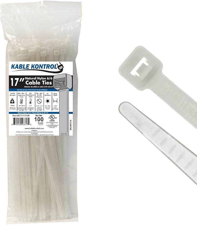 Kable Kontrol Cable Zip Ties Natural White 100 Pcs 17 Inch, 175 Lbs Tensile by KABLEKONTROL%C2%AE