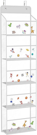 Univivi 5-Shelf Fabric Door Storage Over Door Hanging Organizer with 5 Clear Plastic Pockets & 2 Big Metal Hooks Nursery Closet Cabinet Wall Mount Hanging Storage Organizers for Baby Nursery