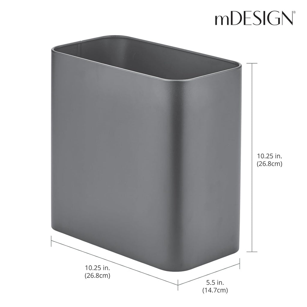 mDesign Small Metal 2.4 Gallon/9 Liter Trash Can Wastebasket Garbage Bin for Bathroom, Slim Rubbish Waste Bin Trashcans for Master/Guest Bath, Mirri Collection, Graphite Gray