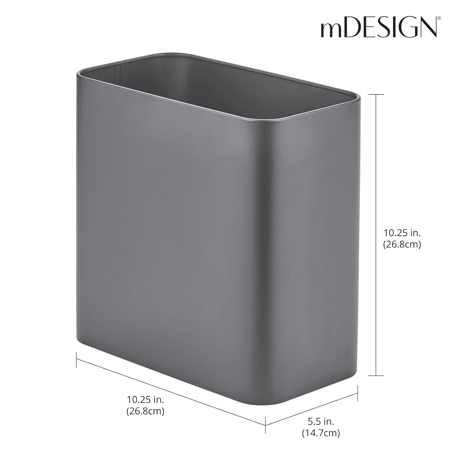 mDesign Small Metal 2.4 Gallon/9 Liter Trash Can Wastebasket Garbage Bin for Bathroom, Slim Rubbish Waste Bin Trashcans for Master/Guest Bath, Mirri Collection, Graphite Gray