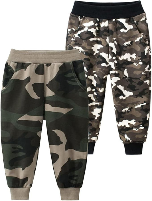 HUAER& Baby Boy's Jogger Pants Dinosaur Car Animal Print Drawstring Elastic Sweatpants 2-Pack