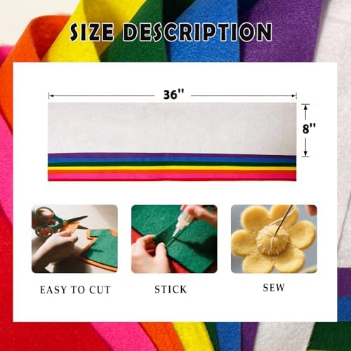 Rainbow 8 Assorted Soft Felt Sheets Fabric, Each 8'' x 36'' 1.6mm Thick | Long - Image 3