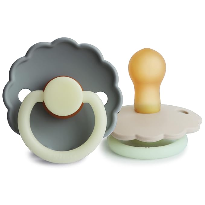 FRIGG Daisy Night Natural Rubber Baby Pacifier | Made in Denmark | BPA-Free (French Gray/Croissant, 0-6 Months) 2-Pack