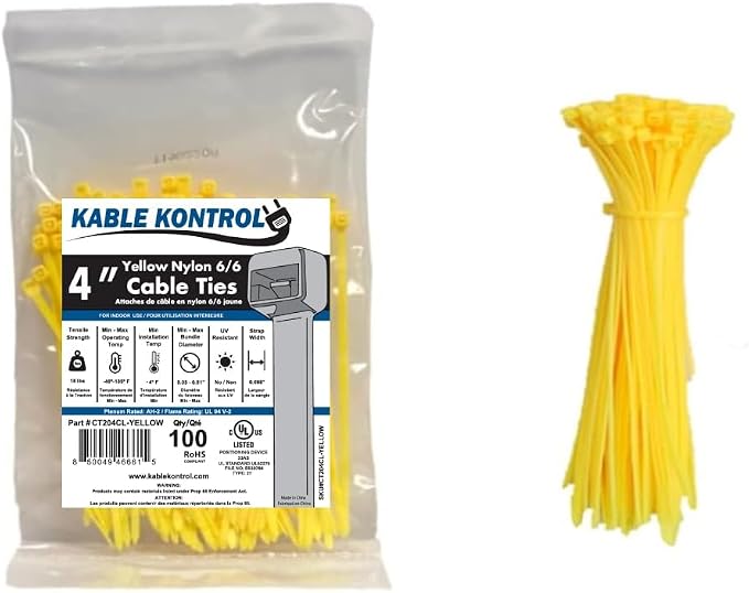 Kable Kontrol Yellow Zip Ties 4 Inch 100 Pcs, 18 Lbs Tensile Strength, by KABLEKONTROL%C2%AE