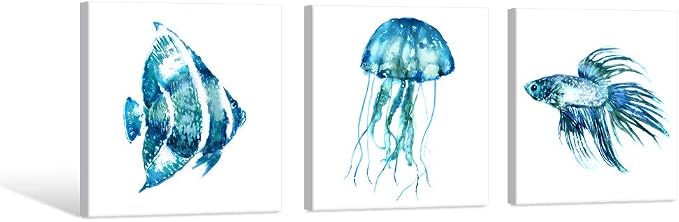JAPO ART -Ocean Theme Wall Art Sea Animal Blue Jellyfish Tropical Fish Canvas - Image 2