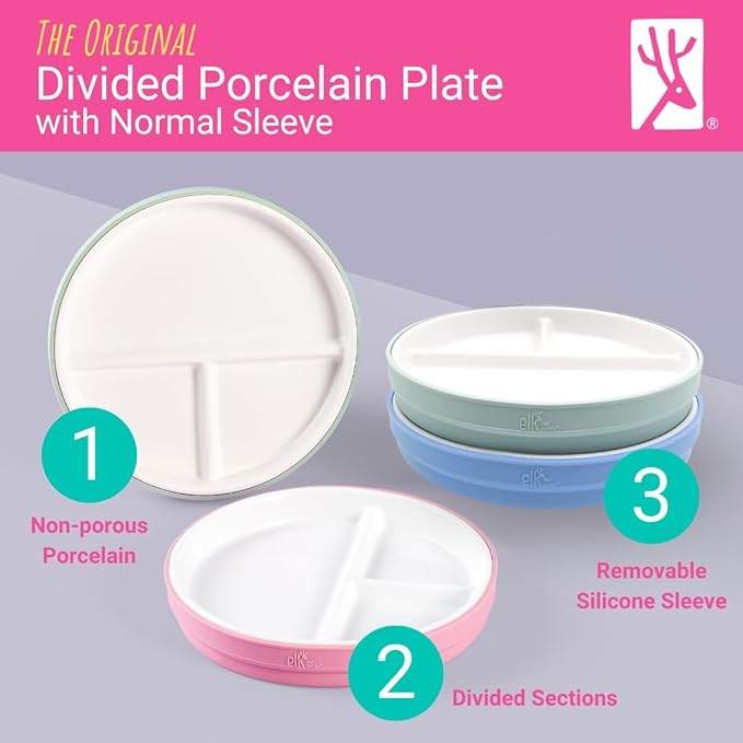 Elk and Friends Kids 7.8” Porcelain Divided Plates with Silicone Sleeves | Suitable for Babies/Kids/Toddlers | Microwave & Dishwasher Safe | Non Slip | Snack Dishes