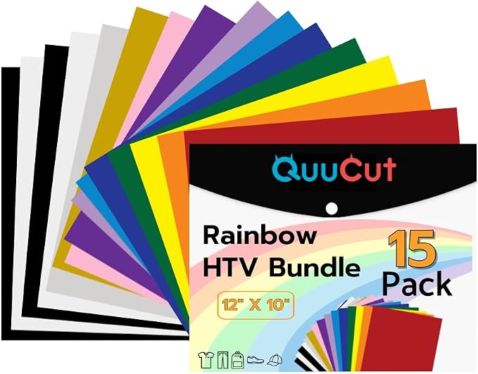 QuuCut Heat Transfer Vinyl Bundle: 15 Pack 12" x 10" Sheets, Rainbow HTV by QuuCut