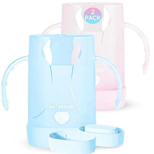 MOMUSE Dual-Lid Squeeze Pouch Holder for Food Pouches & Drink Boxes, Baby Pouch Holder with Larger Capacity, Versatile Design for Self-Feeding, Anti-Squeeze Pouch Holder No Spill No Mess, Pink & Blue