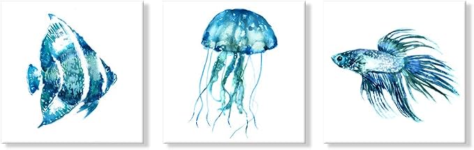 Sea Animal Blue Jellyfish Tropical Fish Canvas Wall Art Ocean Theme Seascape by JAPOART