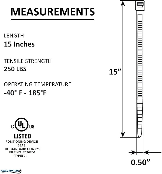 Kable Kontrol Cable Zip Ties Black 1, 250 Lbs Tensile Strength, Bulk Pack - Image 2