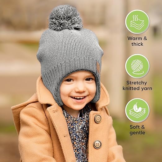 Baby Beanies, Baby Hats for Boys, Girls - Cute Toddler Winter Hat, Soft & Stretchy Beanies for Infant, Newborn 6-36 Months, Cozy & Warm with Earflap Muff & Pom (Gray)