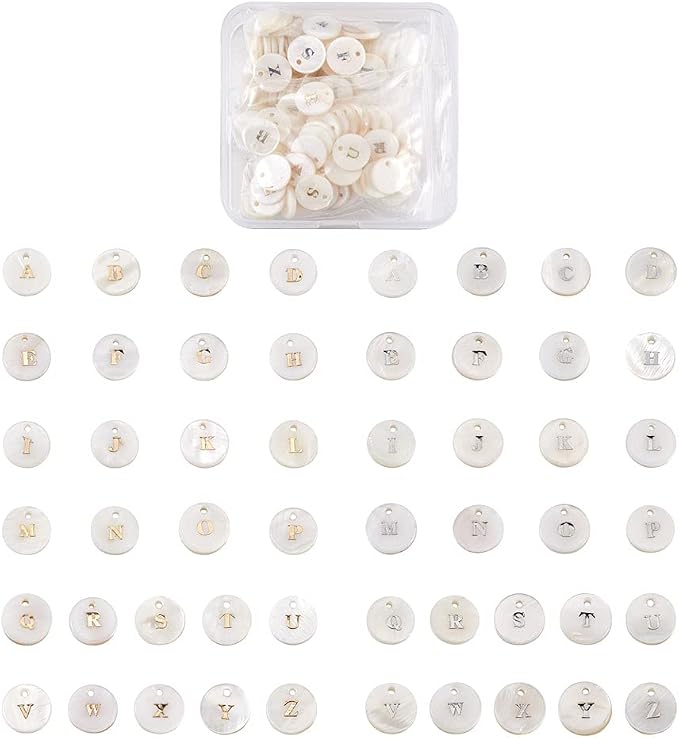 Beadthoven 104pcs Natural Freshwater Shell Letter Full A~Z Charms Metal by BBBeadthoven