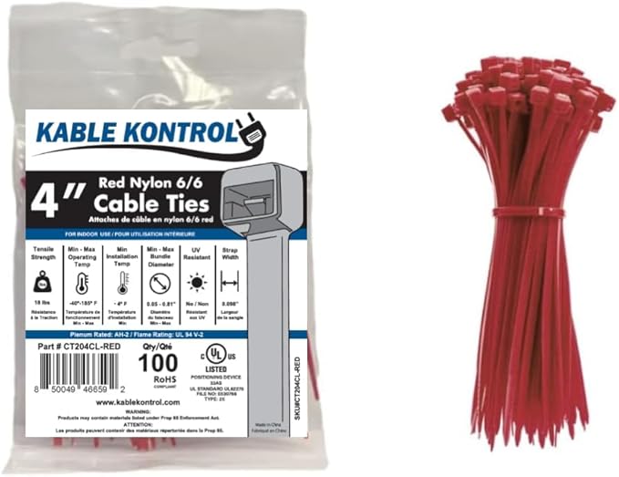 Kable Kontrol Red Zip Ties 4 Inch 100 Pcs, 18 Lbs Tensile Strength, by KABLEKONTROL%C2%AE