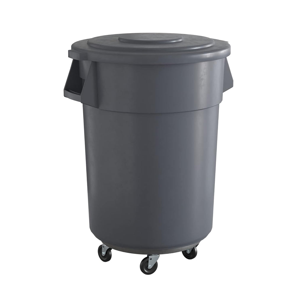55 Gallon Gray Round Commercial Trash Can with Lid and Dolly