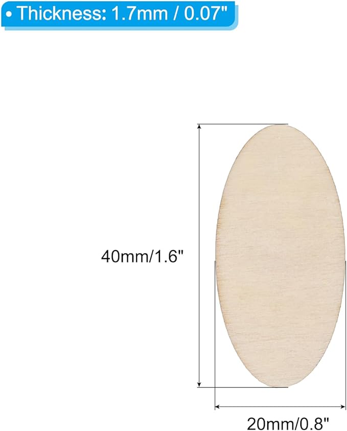 PATIKIL 40x20x1.7mm Wood Pieces, 60 Pack Unfinished Oval Wood Shapes Blank - Image 2