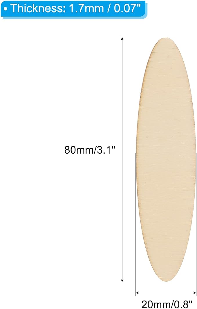 PATIKIL 80x20x1.7mm Wood Pieces, 60 Pack Unfinished Oval Wood Shapes Blank - Image 2