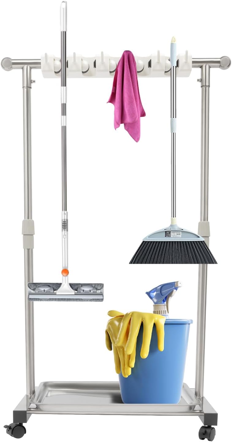 Broom Mop Holder, Movable Put Wet Mops Broom Floor Standing Cleaning Tool Rack 6 Hook and 5 Slots, Stainless Steel Cleaning Supplies Organizer for Home Schools Hospitals Factories Hotels Restaurant