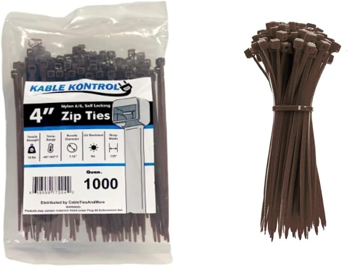 Kable Kontrol Brown Zip Ties 4 Inch 1000 Pcs, 18 Lbs Tensile Strength, by KABLEKONTROL%C2%AE
