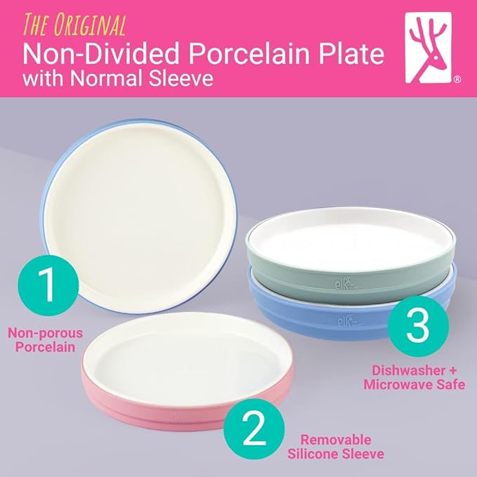 Elk and Friends Kids 7.8” Porcelain White Plates with Silicone Sleeves | Suitable for Babies/Toddlers | Microwave & Dishwasher Safe | Non Slip Dinnerware | Snack Dishes | 4 Pack