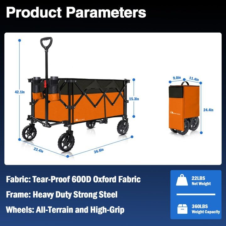 Moon Lence Collapsible Folding Wagon Cart Heavy Duty Folding Garden Portable Hand Cart with All-Terrain Beach Wheels, Adjustable Handle & Drink Holders (Orange & Ivory)