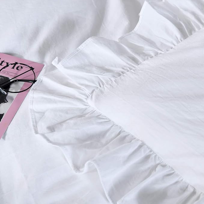 Queen's House White Ruffle Twin Duvet Cover, Washed Cotton Shabby Boho Chic - Image 2