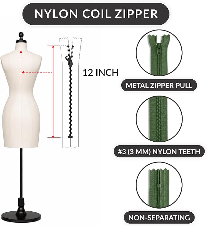 12 Inch Army Green Nylon Coil Zipper | Closed-End Non-Separating Zipper - Image 2