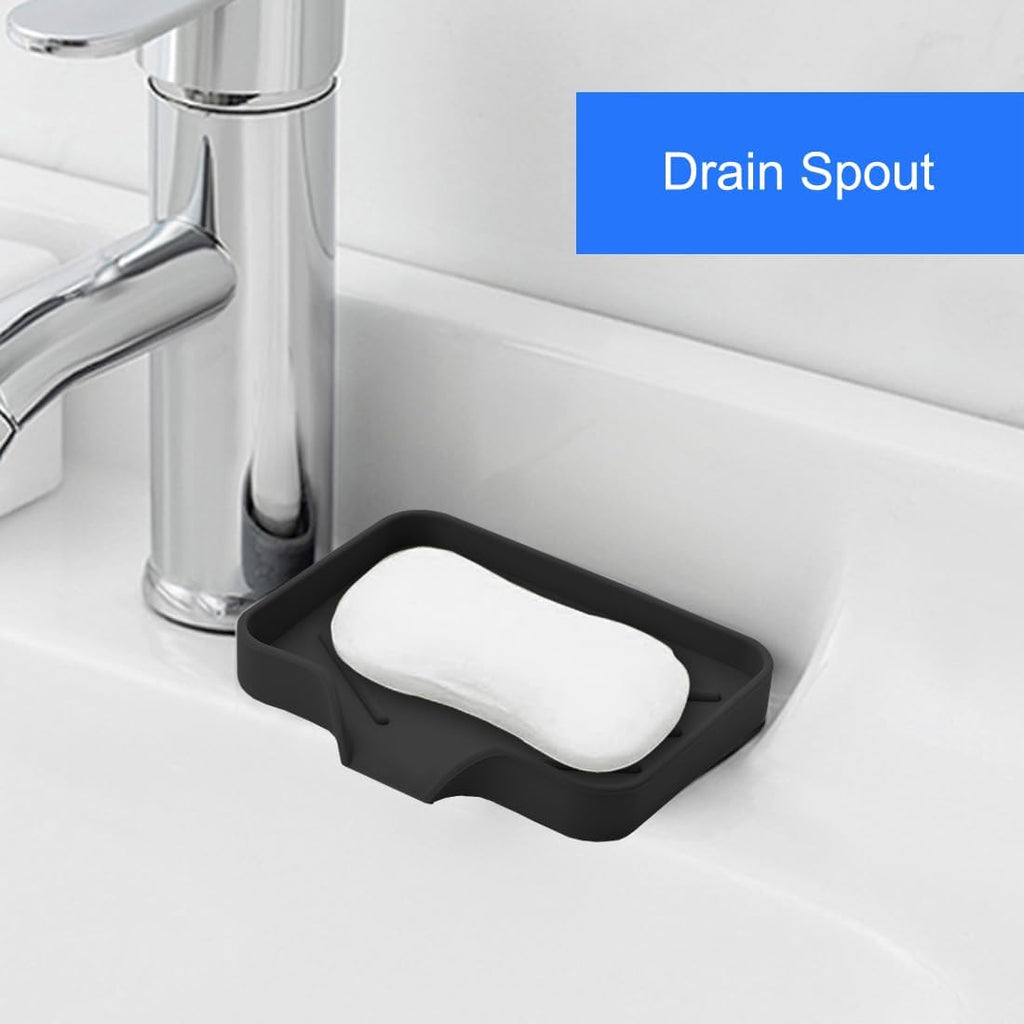 Sponge Holder with Drain Spout, Silicone Sponge Tray for Kitchen Sink, Rubber Soap Dish for Shower Bathroom (Black, 4.7" x 3.6")
