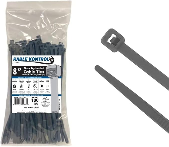 Kable Kontrol Gray Zip Ties 8 Inch 100 Pcs, 50 Lbs Tensile Strength, by KABLEKONTROL%C2%AE