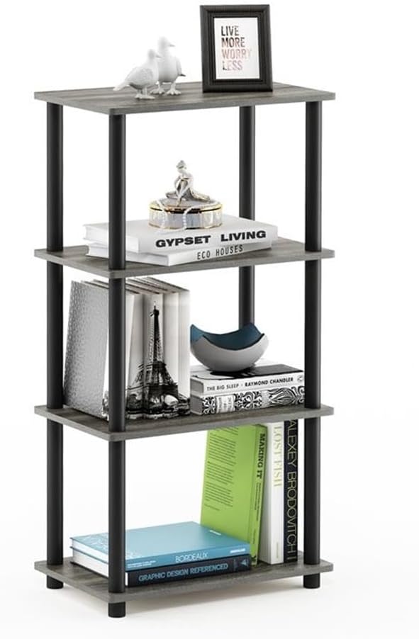 Furinno Turn-N-Tube No Tool 4-Tier Storage Shelf, French Oak Grey/Black by Furinno-FitsYourSpaceFitsYourBudget