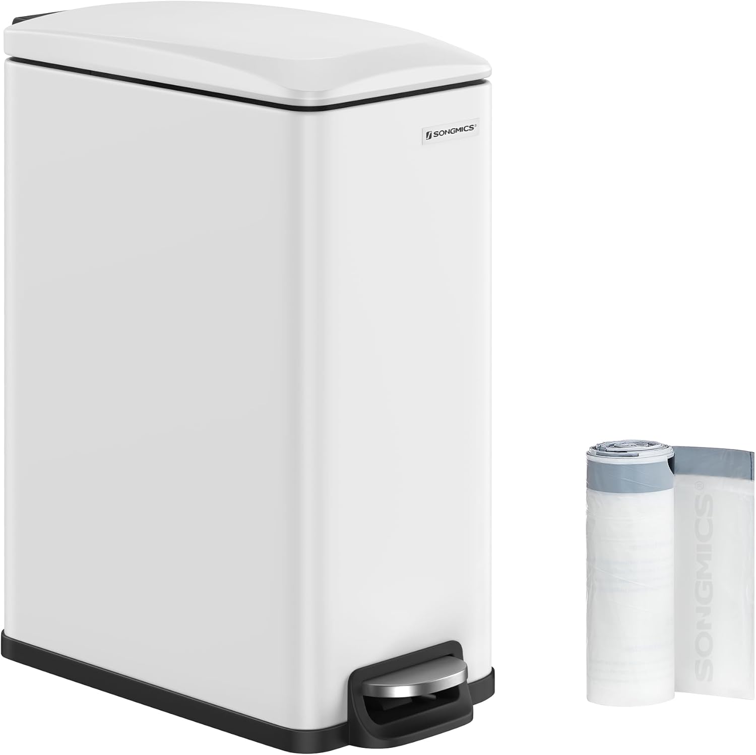 SONGMICS Slim Trash Can, 13-Gallon (50 L) Garbage Can for Narrow Spaces with Soft-Close Lid, Inner Bucket, and Step-on Pedal, Stainless Steel, 15 Trash Bags Included, White ULTB510W48