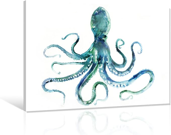 JAPO ART Blue Octopus Bathroom Decor Canvas Wall Art by Edward Selkirk Coastal - Image 2