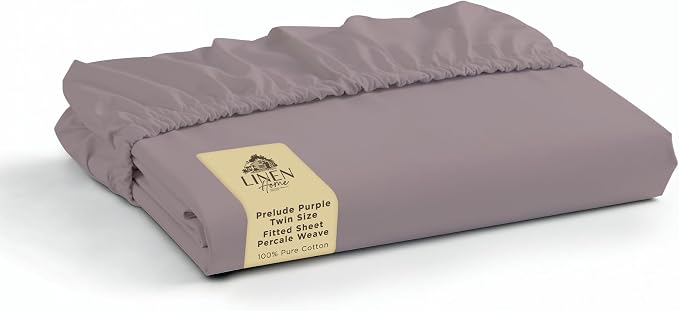 Linen Home 100% Cotton Percale Weave Fitted Sheet, Twin Size, Prelude Purple by LINENHOME