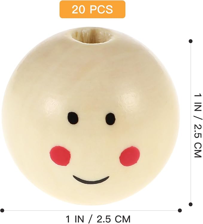 Wooden Beads 1 Inch/25mm Smile Smiley Face Large Hole Round Wooden Beads - Image 2