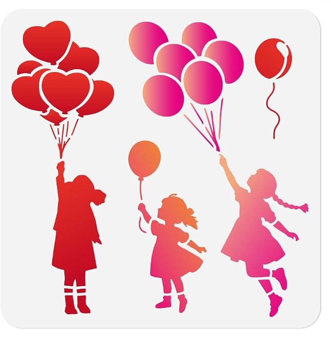 3 Styles Flying Balloon Girl Stencil by Doodlream