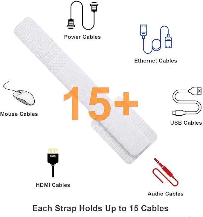 Cable Management Under Desk, 20 Pair Cord Organizer Straps White | Reusable - Image 4
