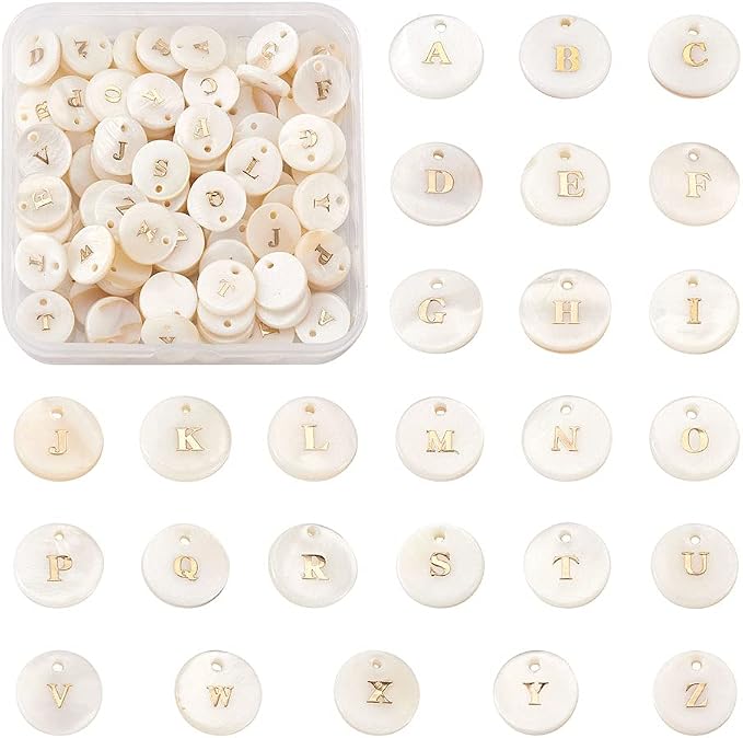 Beadthoven 104pcs Natural Freshwater Pearl Shell Letter Alphabet Charms Golden by BBBeadthoven