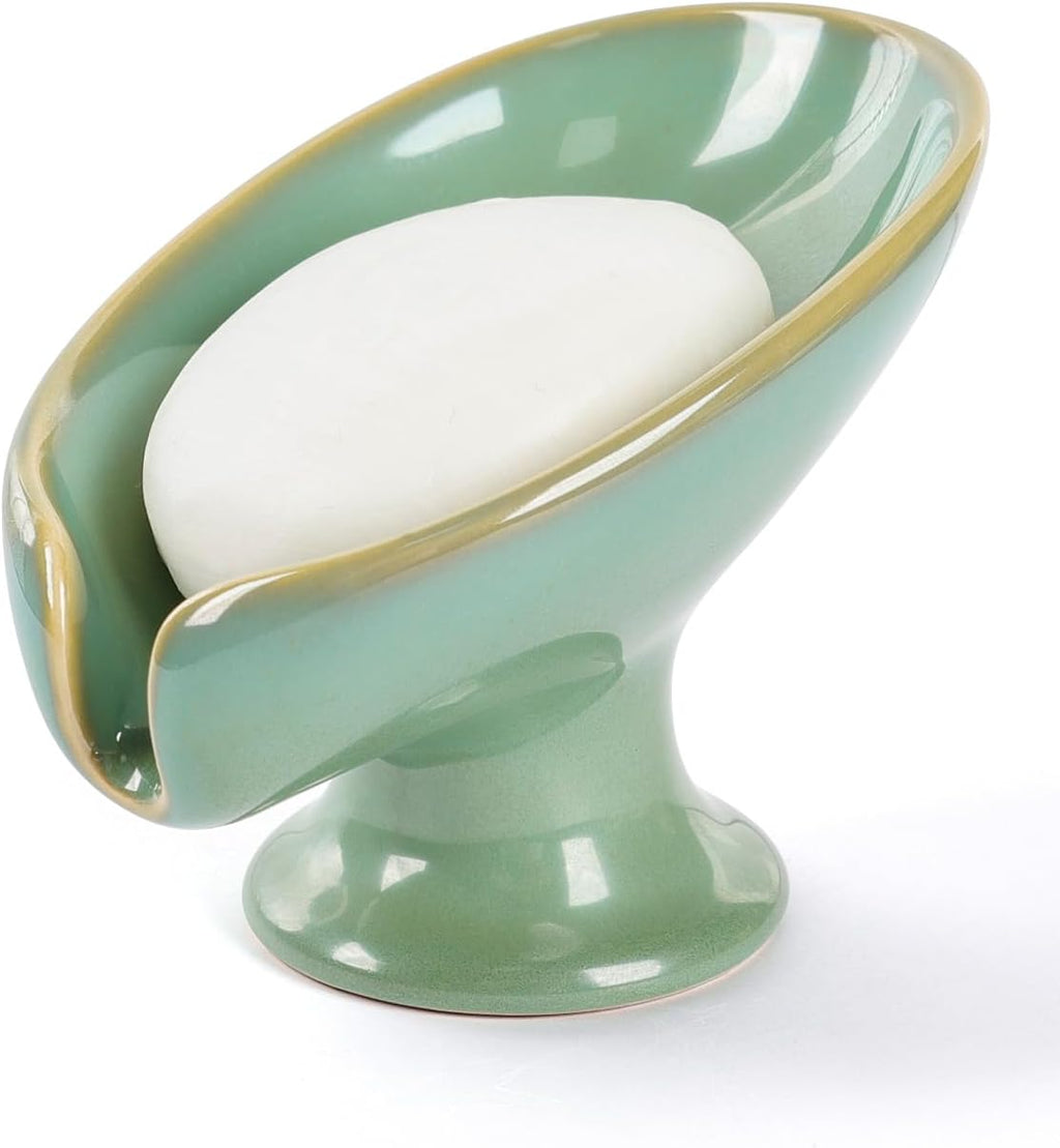 Soap Dish, Self Draining Bar Soap Holder for Bathroom Sink, Leaf Shaped Drainage Ceramic Mint Green Porcelain Decorative Soap Dish, No Suction Cup, ANTIS'S HOME