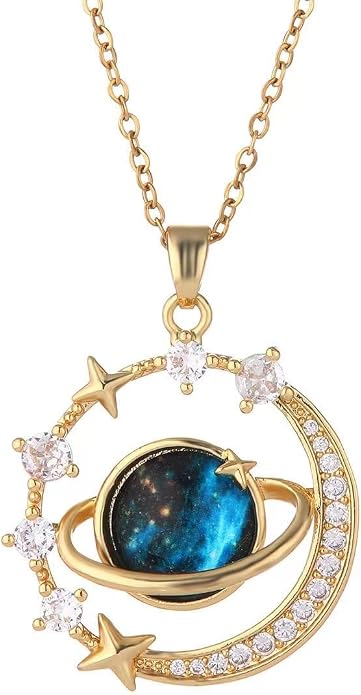 18K Gold Plated Diamond Saturn Pendant Choker Necklace Aesthetic Space Planet - Image 3