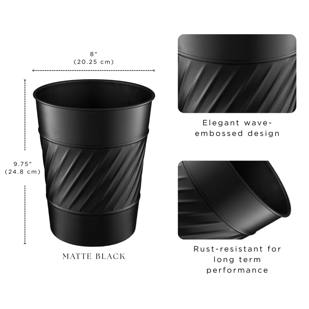 Monarch Abode Black Handcrafted Wave Embossed Metal Wastebasket for Home Office Bedroom, Decorative Waste Basket, Modern Bathroom Garbage Can, Durable & Decorative Trash Bin, Black Bathroom Trash Can