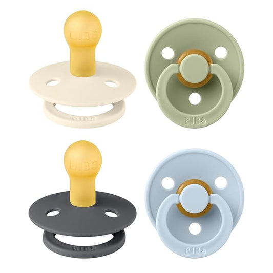 BIBS Colour Soother 4-Pack | BPA Free Dummy Pacifier | Round Nipple | Natural Rubber Latex | Made in Denmark | Size 0-6 Months | Iron Mix